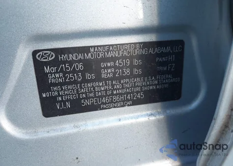 2006 Hyundai Sonata Gls V6/Lx V6 from USA, damaged, VIN 5NPEU46F86H141245